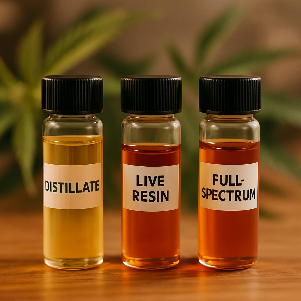 Three glass vials displaying distillate, live resin, and full-spectrum cannabinoid liquids, against a softly